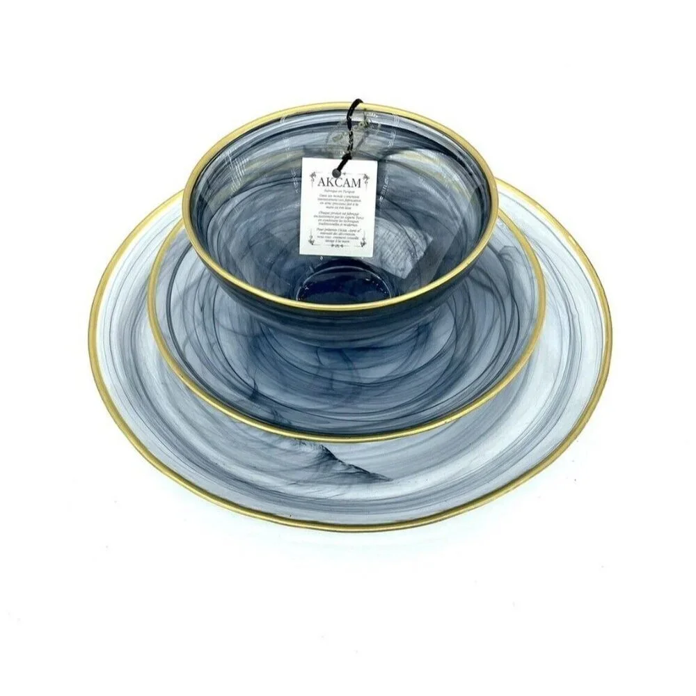 Akcam Turkish Glass 4 Plates Set Entrée Dinner Black Swirl Gold Rim 11